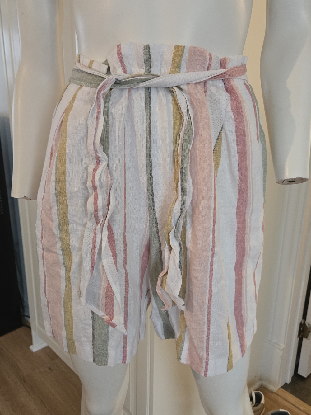 Striped Paperbag Waist Tie Shorts - Pink, Mustard, Sage, White